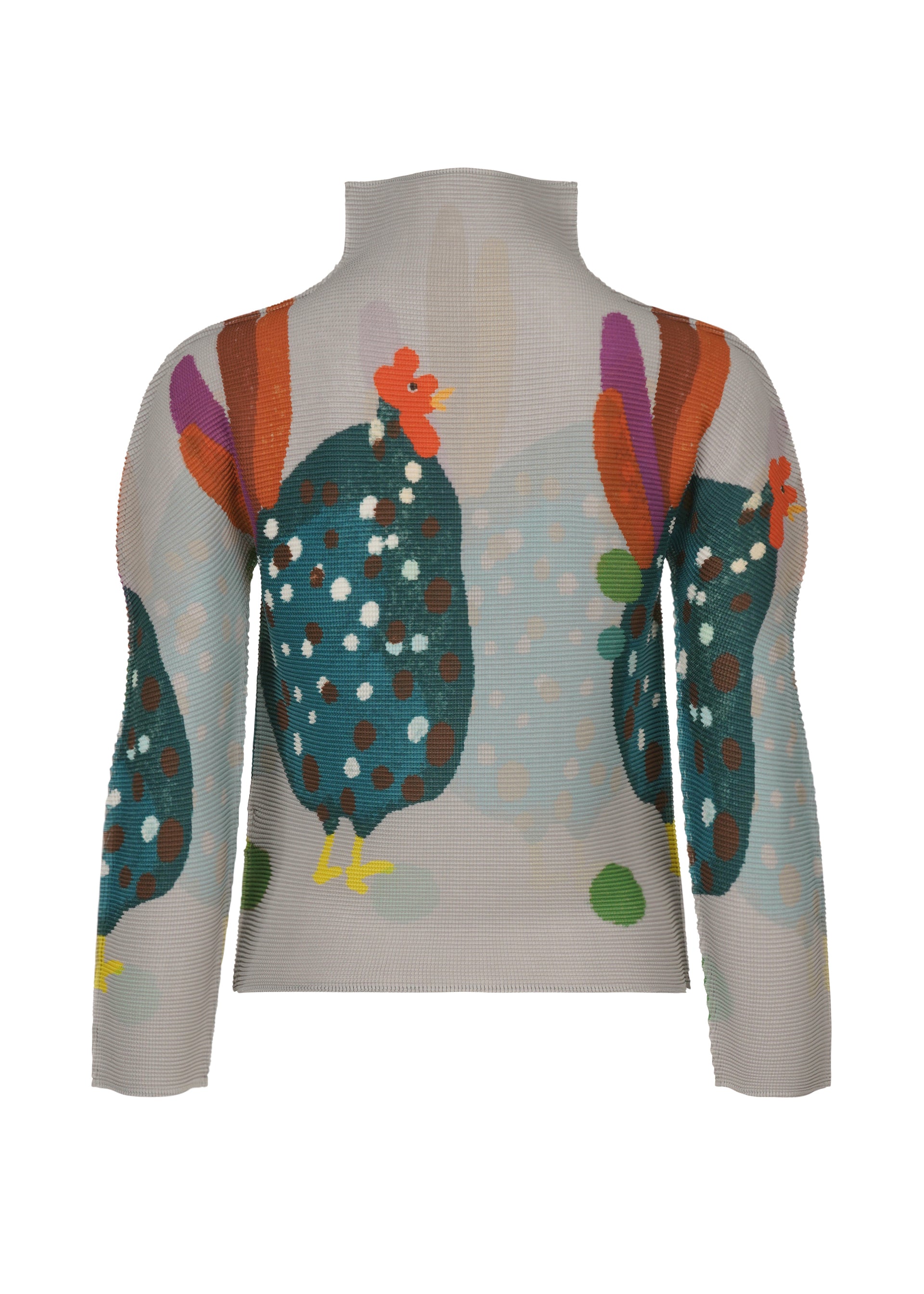 Zoomed view The DAWN top by me ISSEY MIYAKE is a long-sleeve, high-neck pleated design with a light background and colorful spotted chicken print with red combs and multicolored tails.