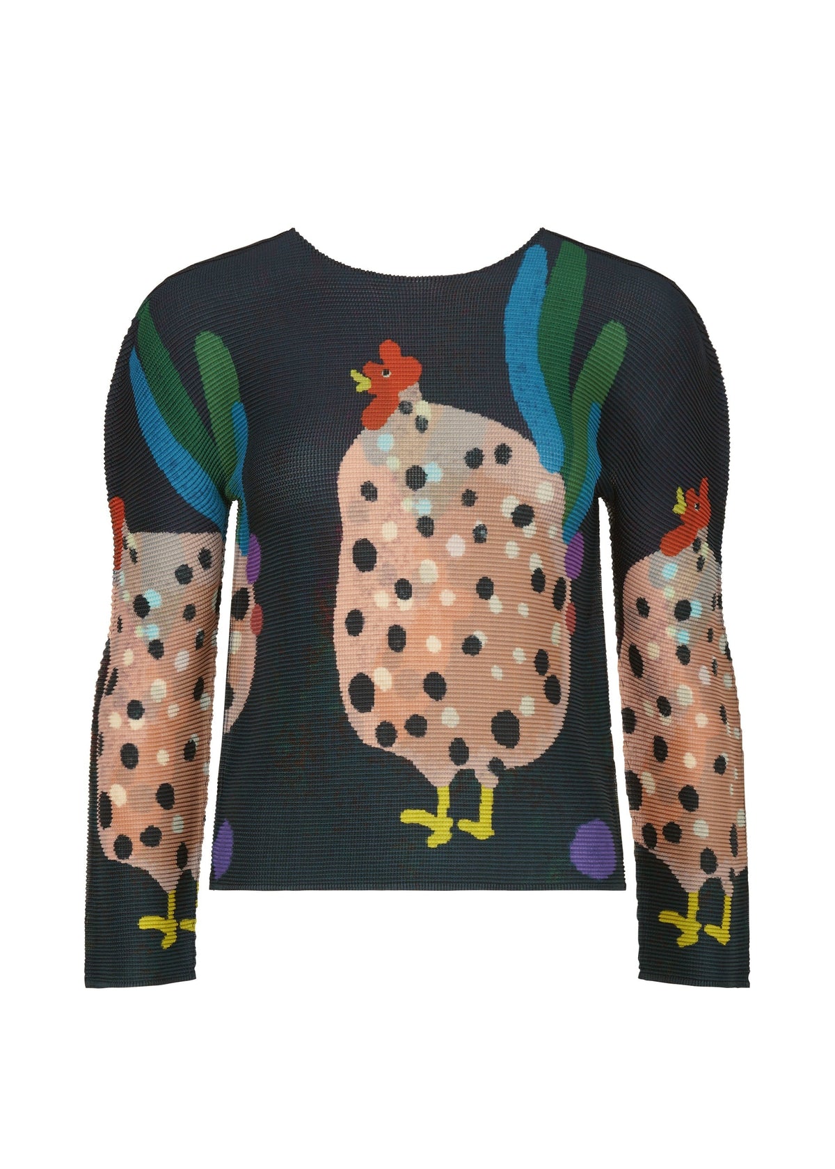 The DAWN top by me ISSEY MIYAKE is a black, long-sleeved, stretchy shirt featuring three colorful spotted chickens with red combs and yellow beaks and feet, set against abstract green and blue background shapes. view 1 of 6