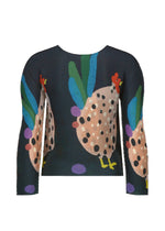 The DAWN top by me ISSEY MIYAKE is a dark, long-sleeved, stretchy shirt adorned with playful chickens featuring colorful abstract designs—spotted bodies, red combs, and green, blue, and purple feathers.