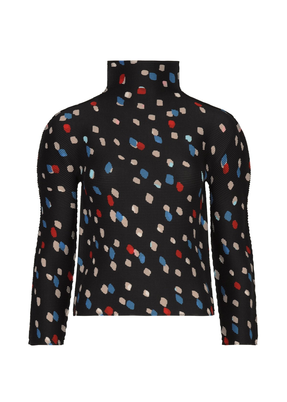 TIME DOTS by me ISSEY MIYAKE is a black high-neck, long-sleeved top with a textured dotted pattern of irregular red, blue, beige, and white spots on stretch pleats fabric. view 2 of 7