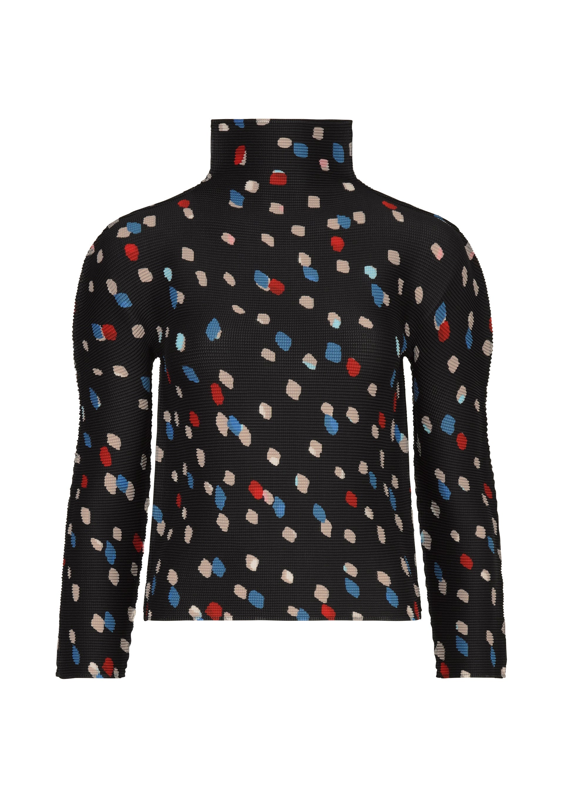 Zoomed view TIME DOTS by me ISSEY MIYAKE is a black high-neck, long-sleeved top with a textured dotted pattern of irregular red, blue, beige, and white spots on stretch pleats fabric. - BLACK-HUED （no.19）