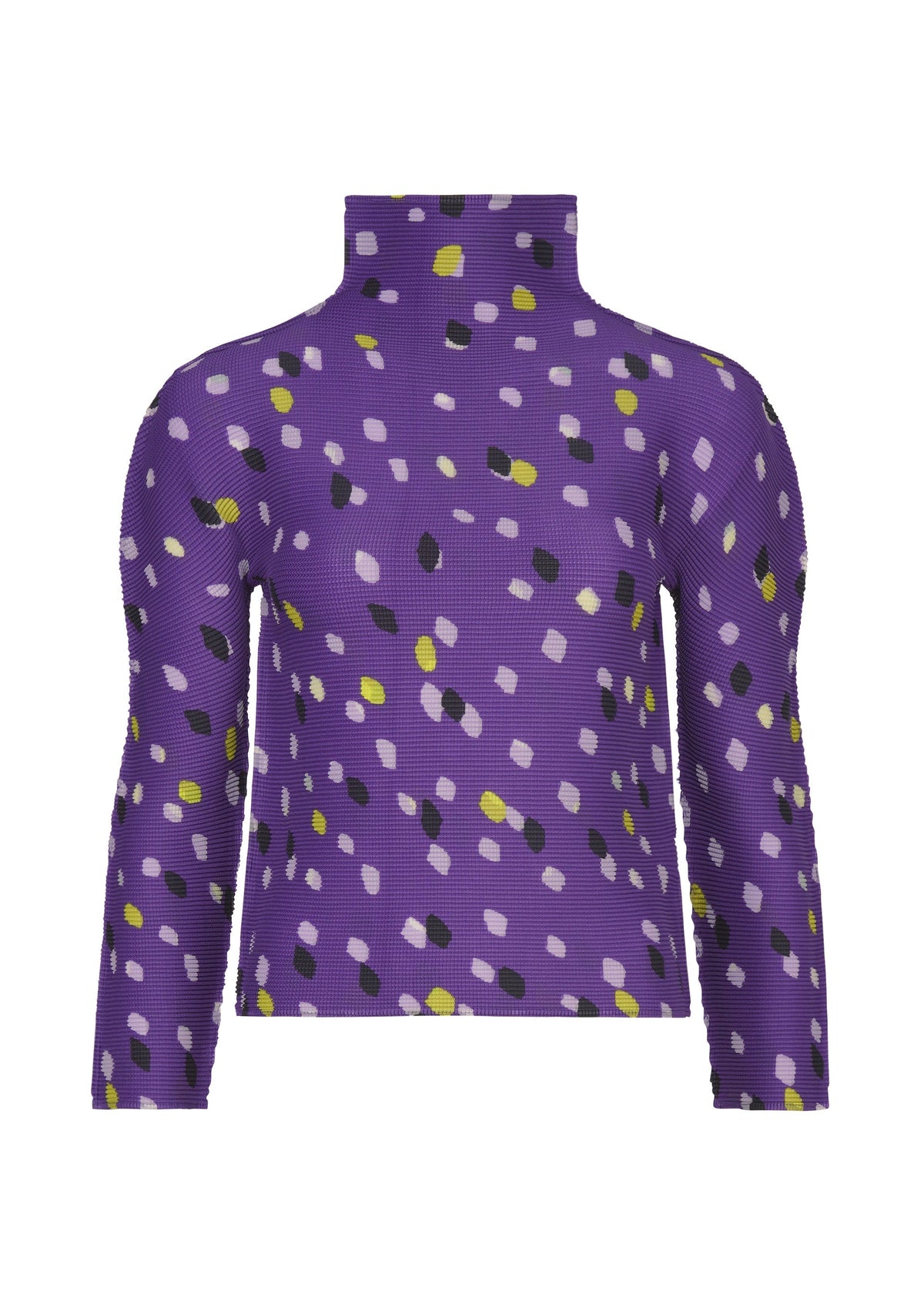 The TIME DOTS top by me ISSEY MIYAKE is a purple, high-neck, long-sleeved piece with a bold scattered pattern of black, yellow, and light lavender dots. view 3 of 7