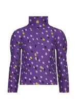 The TIME DOTS top by me ISSEY MIYAKE is a purple, high-neck, long-sleeved piece with a bold scattered pattern of black, yellow, and light lavender dots. - PURPLE-HUED （no.88）