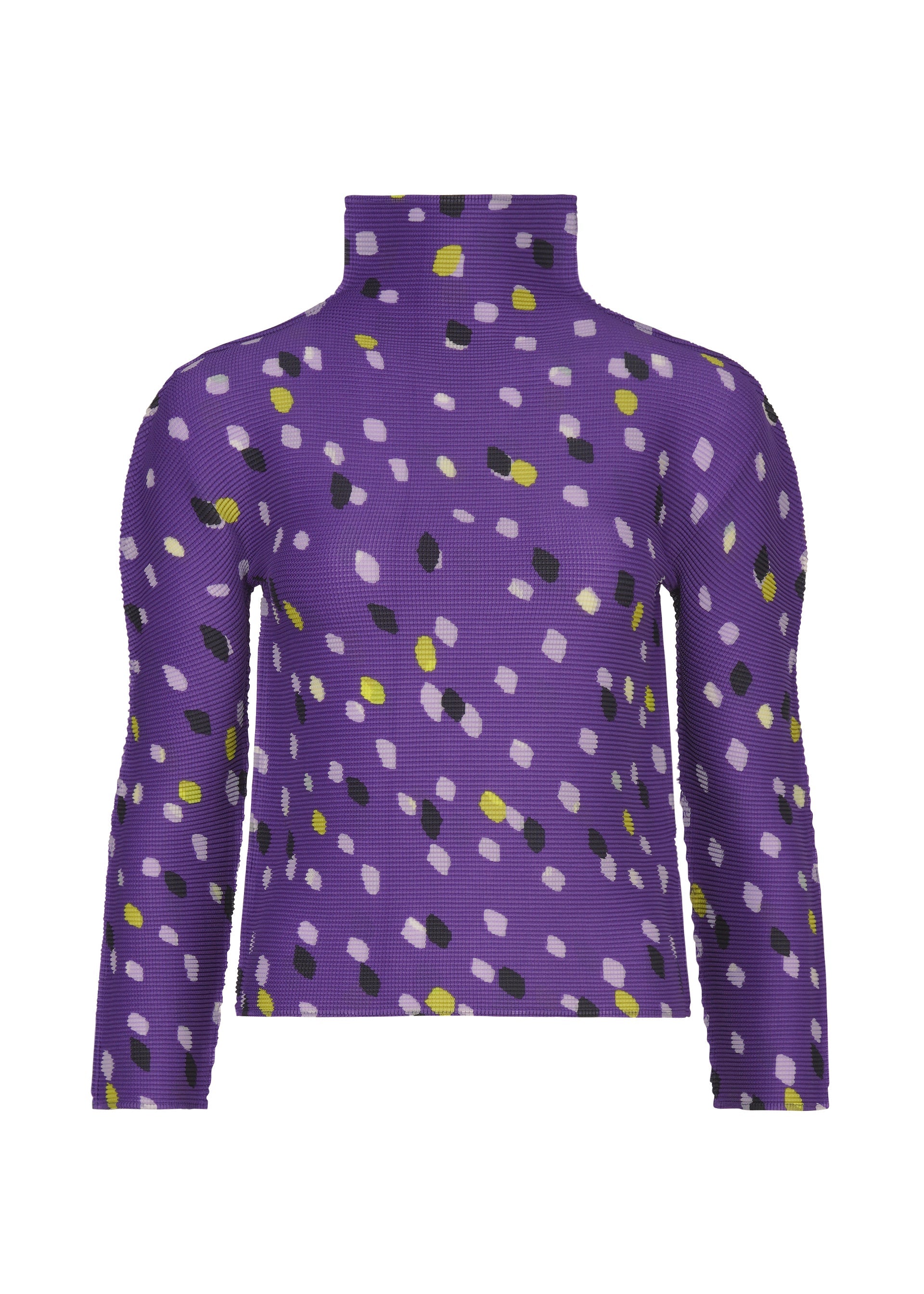 Zoomed view The TIME DOTS top by me ISSEY MIYAKE is a purple, high-neck, long-sleeved piece with a bold scattered pattern of black, yellow, and light lavender dots. - PURPLE-HUED （no.88）