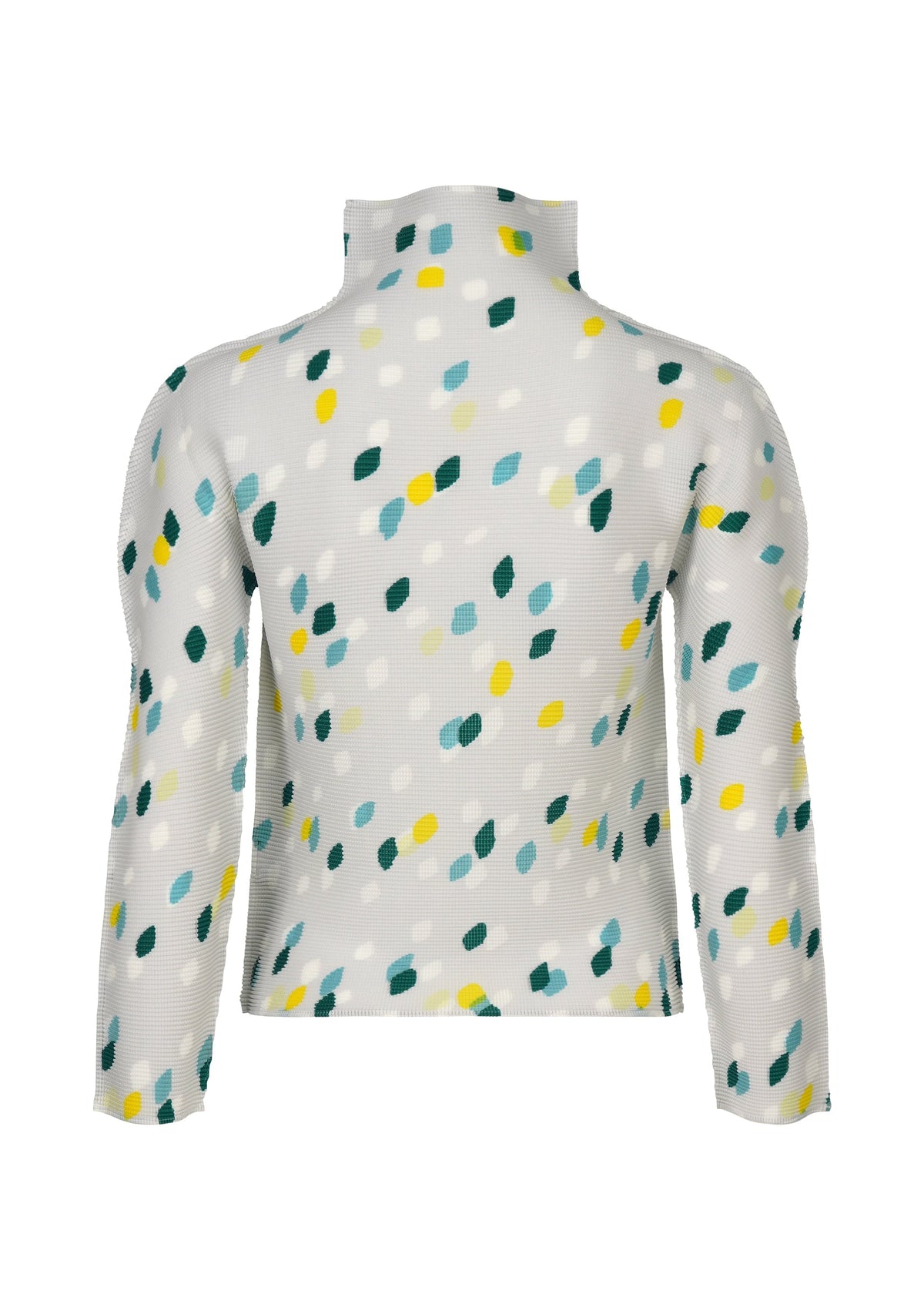 The TIME DOTS top by me ISSEY MIYAKE is a long-sleeved, high-neck stretch pleats style in white with an abstract blue, yellow, green, and teal dotted pattern. Shown from the back. view 4 of 7