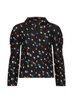 The TIME DOTS top by me ISSEY MIYAKE is a long-sleeved, collared black pleated shirt with red, blue, beige, and white dots, featuring a button-down front. Shown on a white background. - BLACK-HUED （no.19）