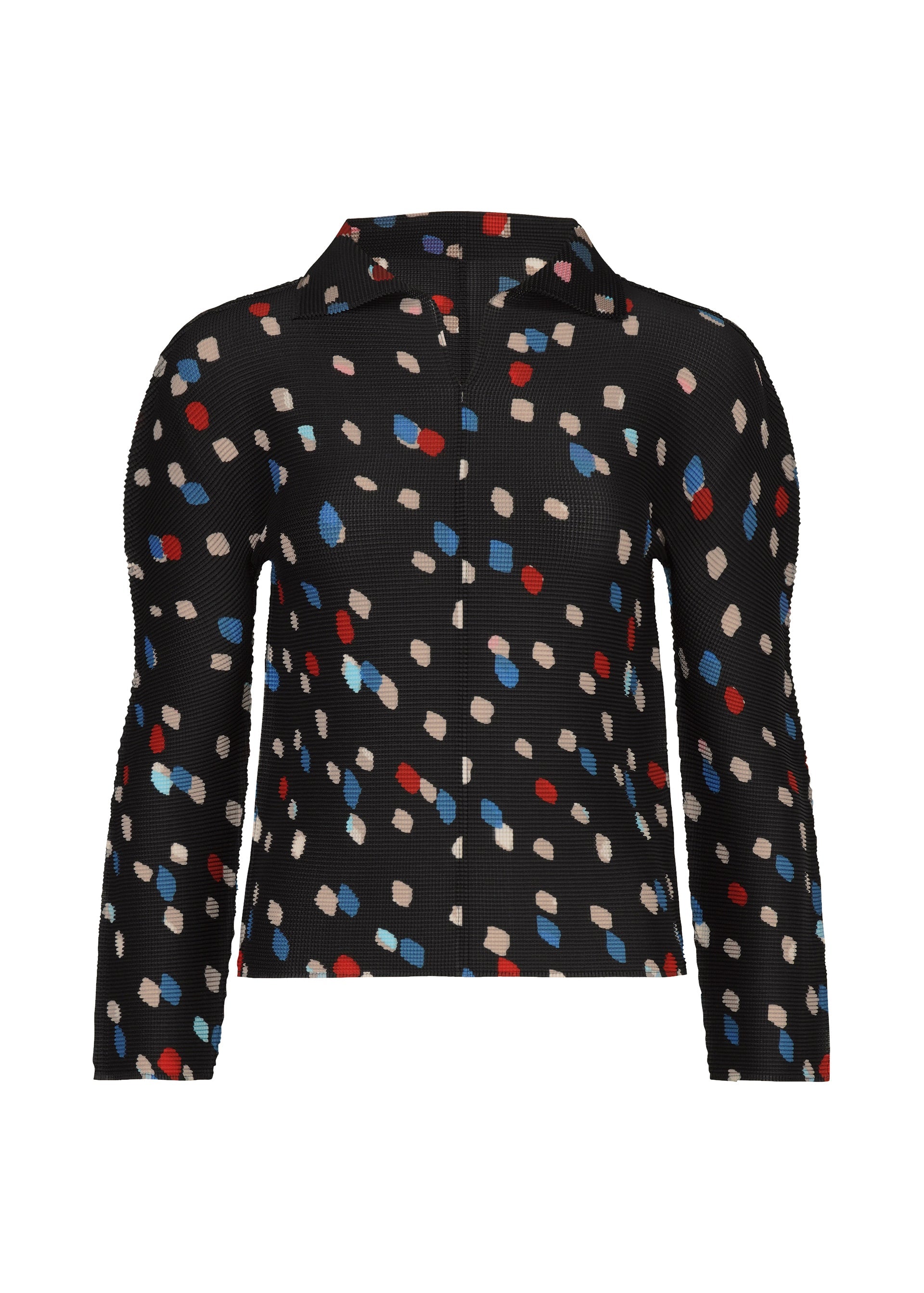 Zoomed view The TIME DOTS top by me ISSEY MIYAKE is a long-sleeved, collared black pleated shirt with red, blue, beige, and white dots, featuring a button-down front. Shown on a white background. - BLACK-HUED （no.19）