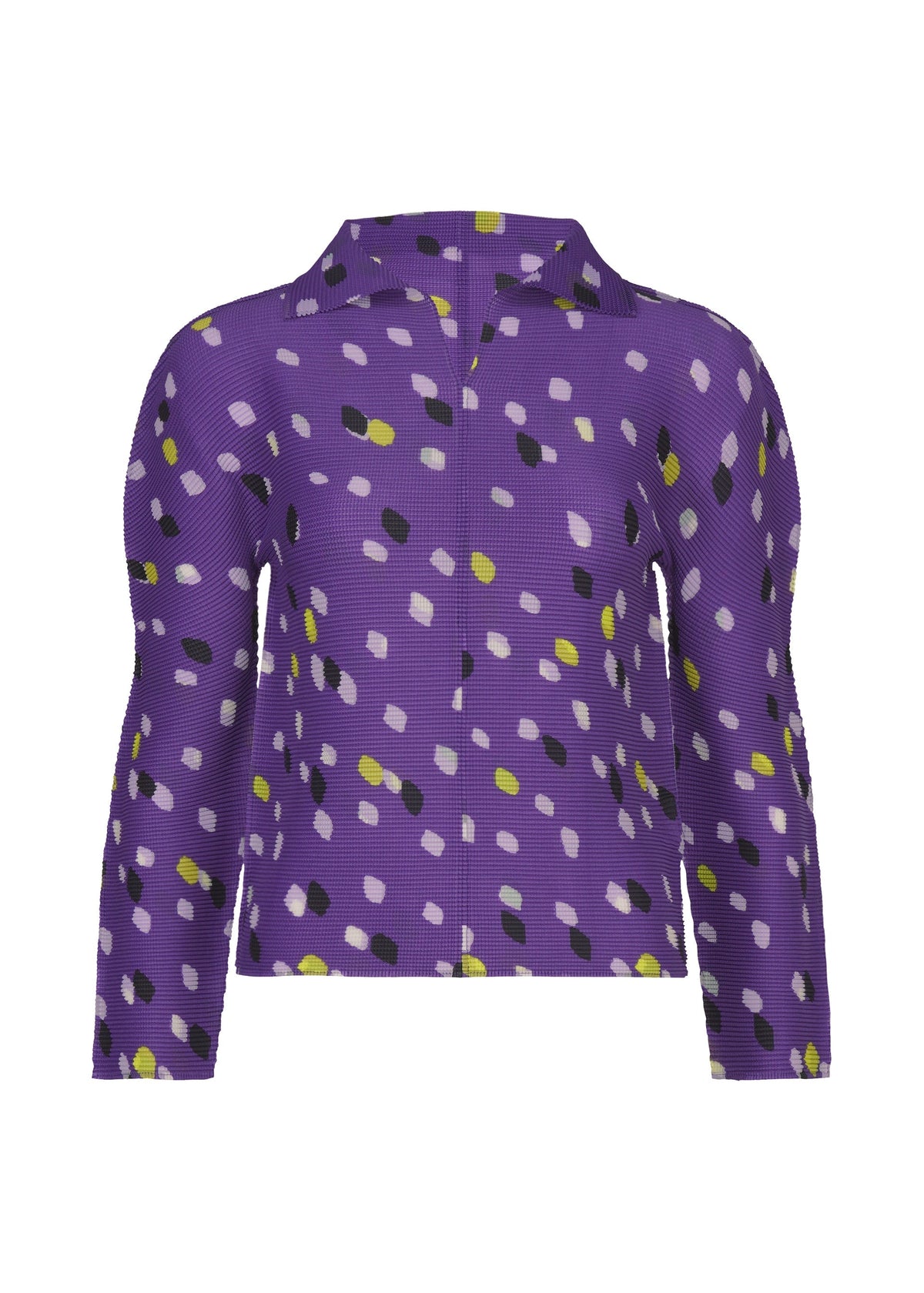 The TIME DOTS top by me ISSEY MIYAKE is a long-sleeve, collared shirt with an abstract dotted pattern in black, white, yellow, and lavender on a purple background. view 1 of 7