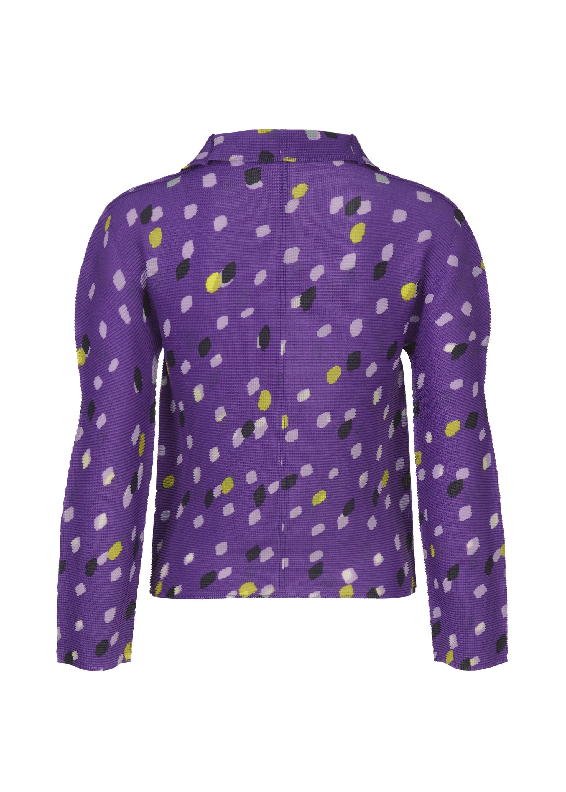 Zoomed view The TIME DOTS top by me ISSEY MIYAKE is a long-sleeved, purple pleated blouse with a collar, featuring an abstract pattern of yellow, black, and light pink spots, shown from the back.