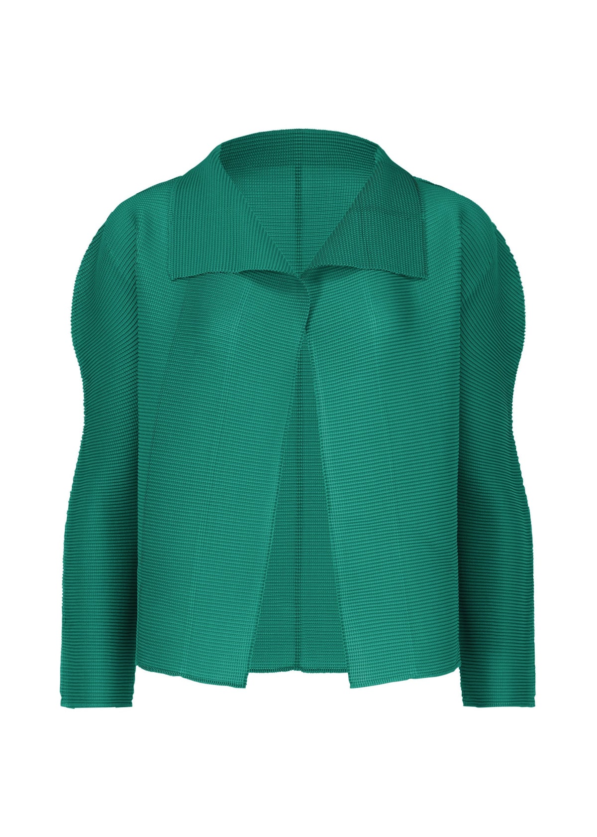 The STRETCH PLEATS 7 by me ISSEY MIYAKE is a green, long-sleeved cardigan with an open front, wide collar, and structured shoulders, shown on a white background. view 2 of 7