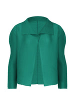 The STRETCH PLEATS 7 by me ISSEY MIYAKE is a green, long-sleeved cardigan with an open front, wide collar, and structured shoulders, shown on a white background. - PEACOCK GREEN （no.64）