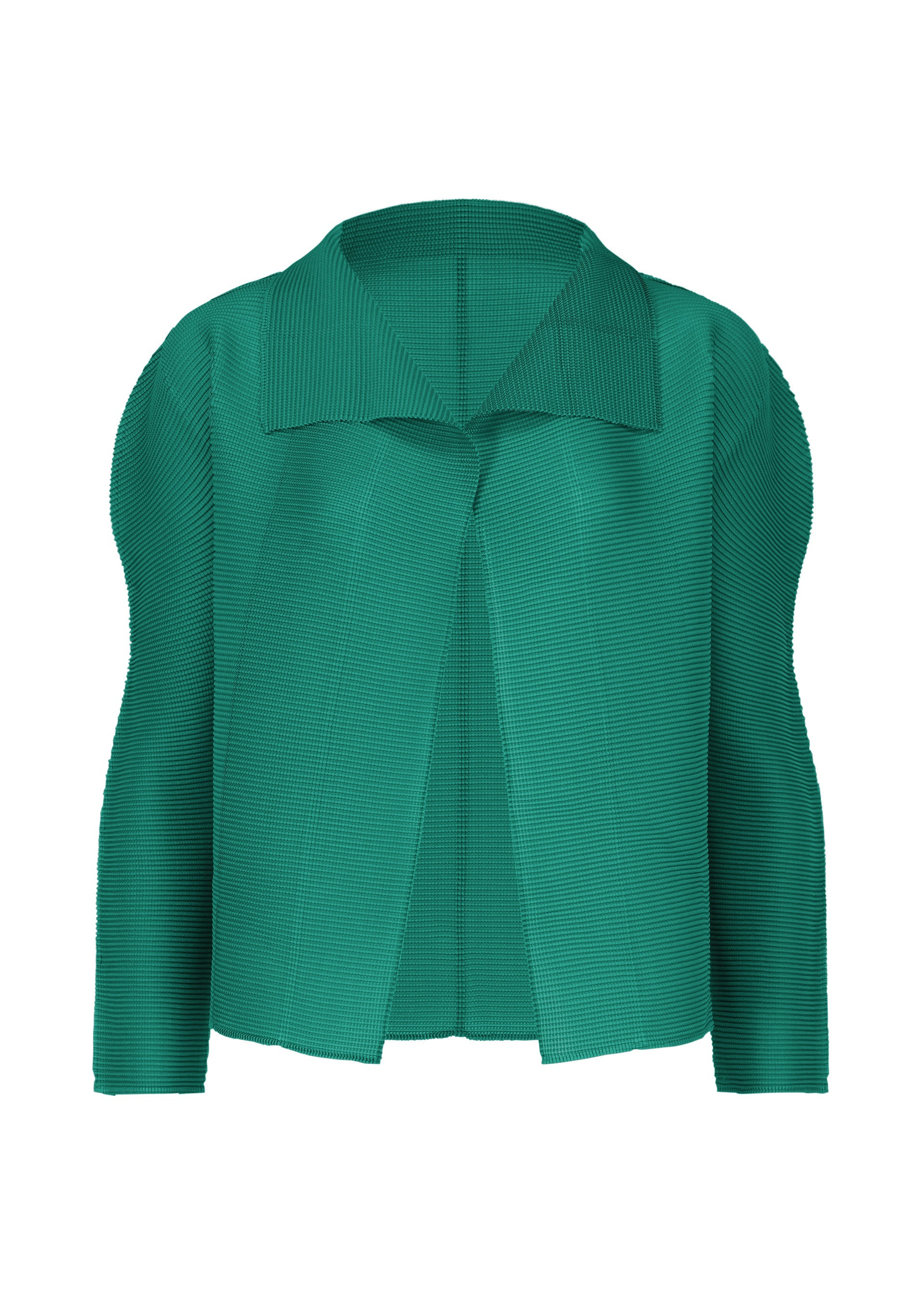 Zoomed view The STRETCH PLEATS 7 by me ISSEY MIYAKE is a green, long-sleeved cardigan with an open front, wide collar, and structured shoulders, shown on a white background. - PEACOCK GREEN （no.64）