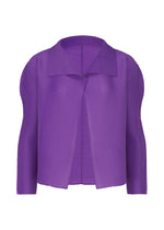 The me ISSEY MIYAKE STRETCH PLEATS 7 is a vibrant purple, long-sleeved cardigan featuring a subtle textured pleats pattern and wide collar, shown on a white background. - PURPLE （no.81）