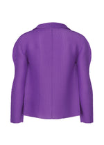 The me ISSEY MIYAKE STRETCH PLEATS 7 is a purple long-sleeved cardigan, shown from the back against a white background. It features ribbed fabric, a collar, and a relaxed, slightly boxy fit.