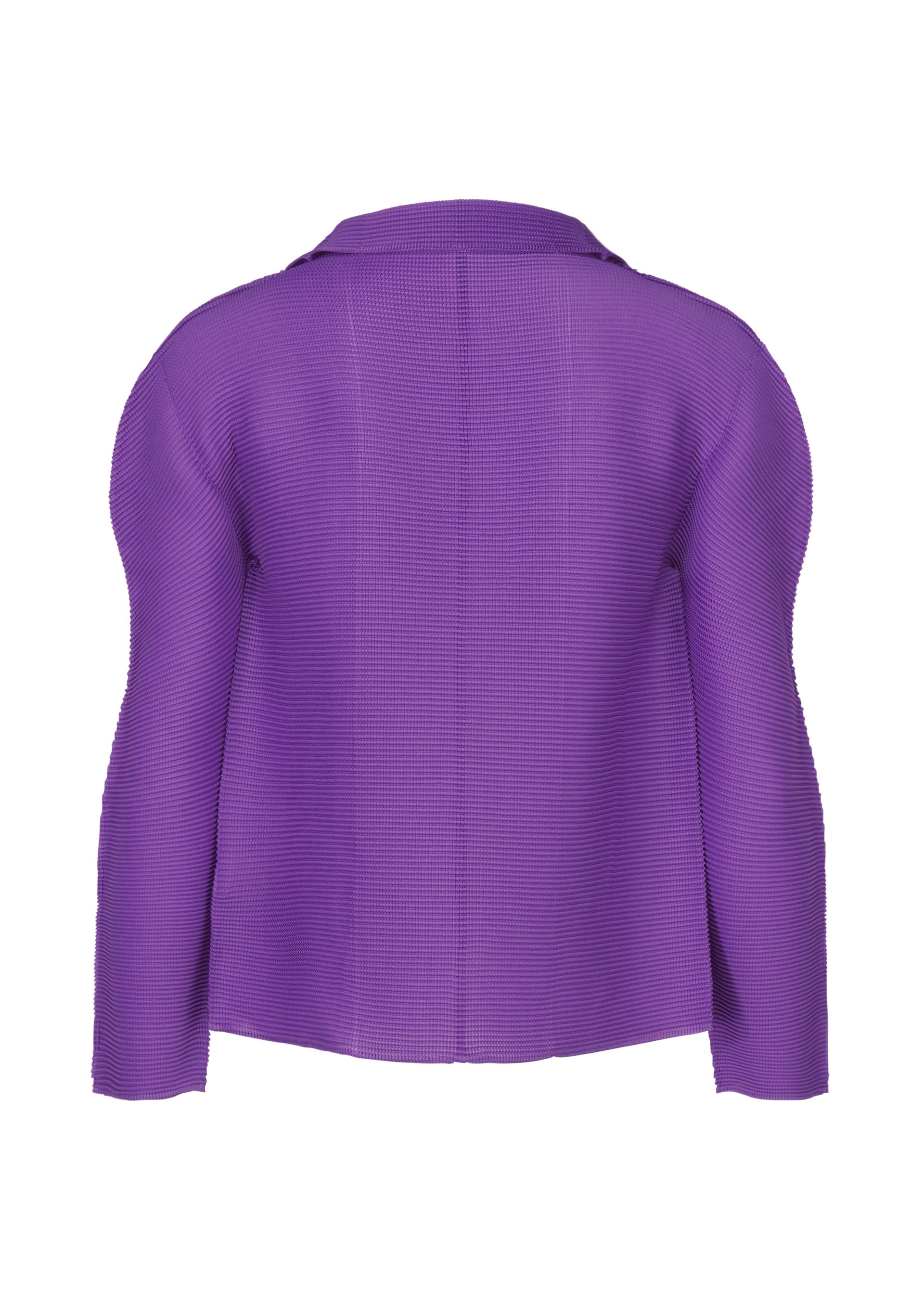 Zoomed view The me ISSEY MIYAKE STRETCH PLEATS 7 is a purple long-sleeved cardigan, shown from the back against a white background. It features ribbed fabric, a collar, and a relaxed, slightly boxy fit.