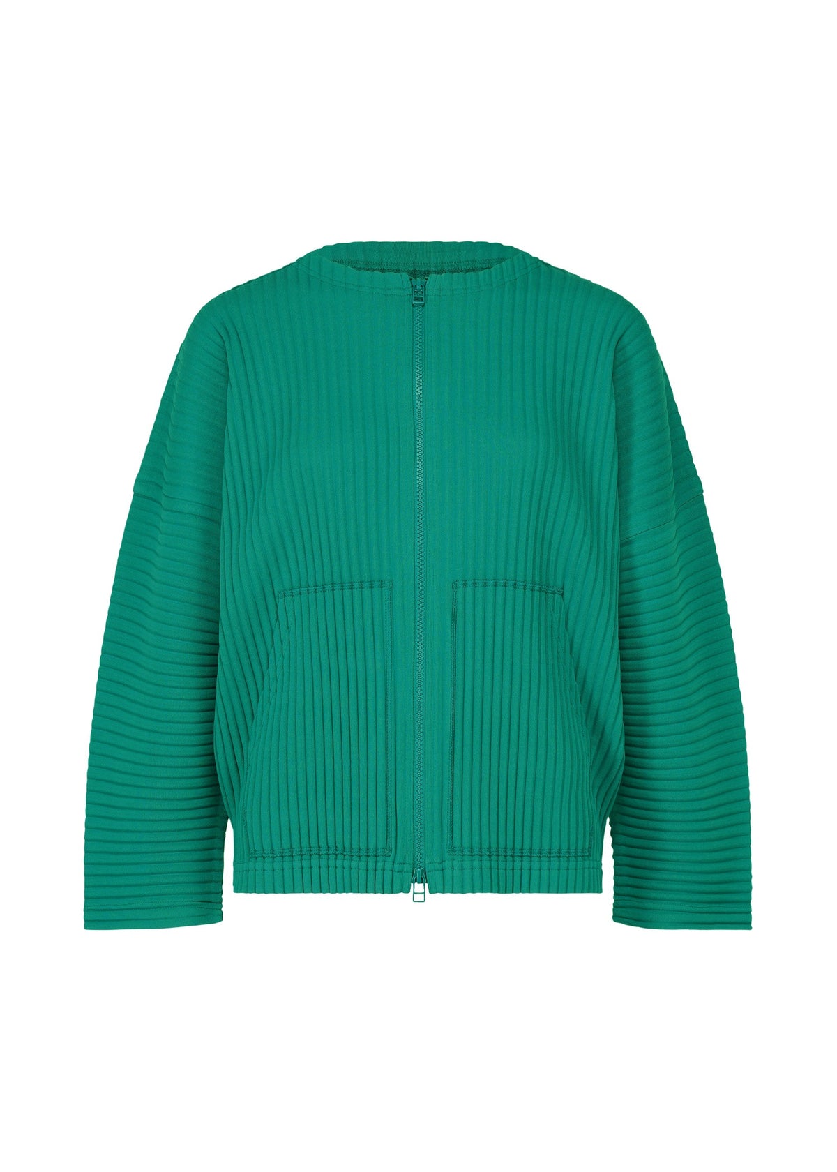 The SWEATS PLEATS by me ISSEY MIYAKE is a green, ribbed long-sleeve zippered sweatshirt featuring two front pockets, shown against a plain white background. view 2 of 7