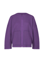 The SWEATS PLEATS by me ISSEY MIYAKE is a purple, ribbed zip-up sweatshirt with long sleeves and two front pockets, shown against a plain white background. - PURPLE （no.81）