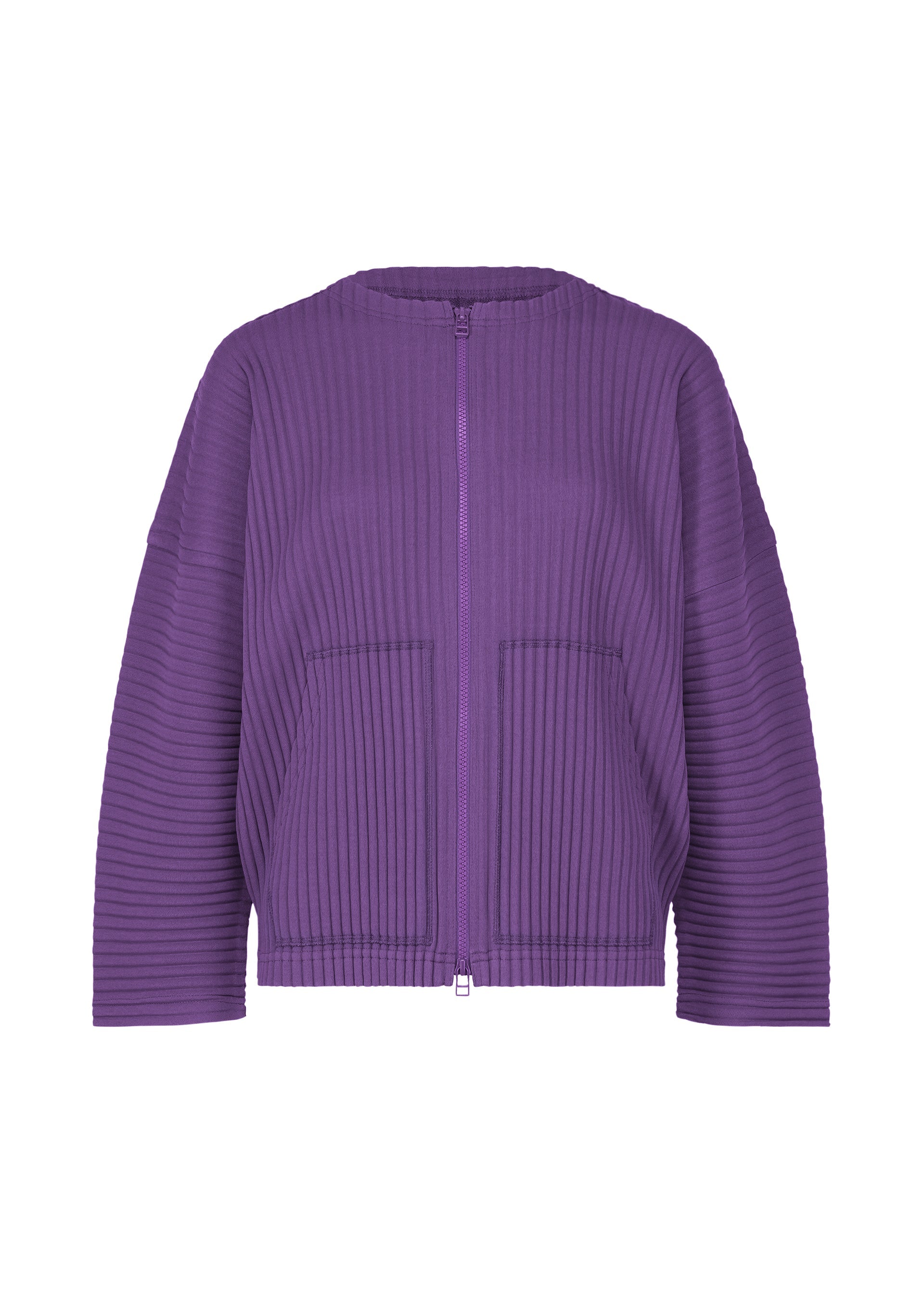 Zoomed view The SWEATS PLEATS by me ISSEY MIYAKE is a purple, ribbed zip-up sweatshirt with long sleeves and two front pockets, shown against a plain white background. - PURPLE （no.81）