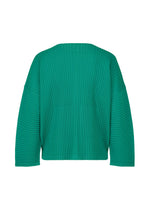 The SWEATS PLEATS by me ISSEY MIYAKE is a green, long-sleeved sweater shown from the back against a white background. Its fabric features vertical ribbing, giving it a modern look inspired by pleated cardigans.