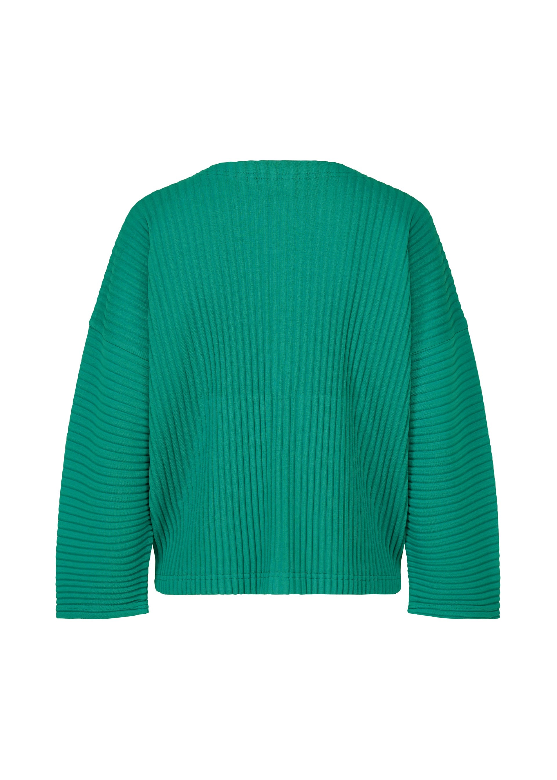Zoomed view The SWEATS PLEATS by me ISSEY MIYAKE is a green, long-sleeved sweater shown from the back against a white background. Its fabric features vertical ribbing, giving it a modern look inspired by pleated cardigans.
