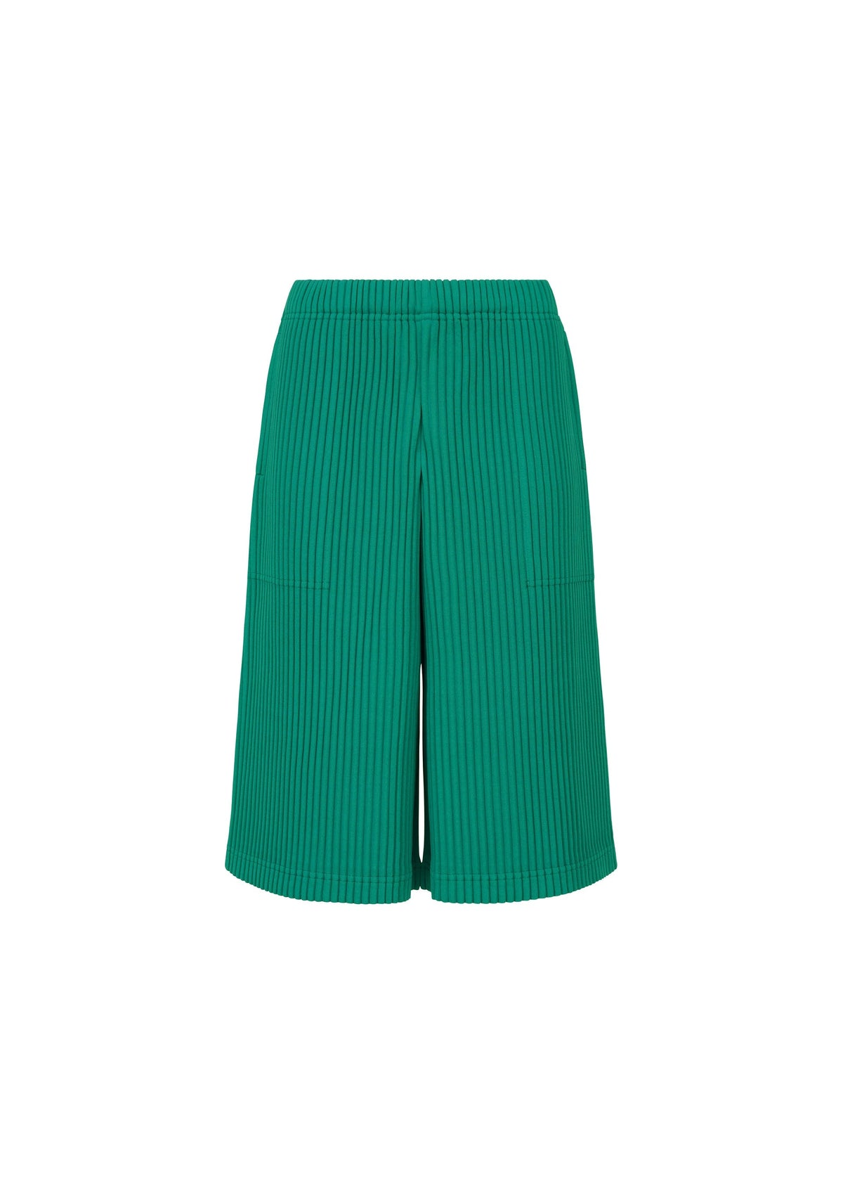 The SWEATS PLEATS by me ISSEY MIYAKE are green, knee-length shorts with a ribbed vertical texture, elastic waistband, and relaxed fit, shown on a white background. view 2 of 6
