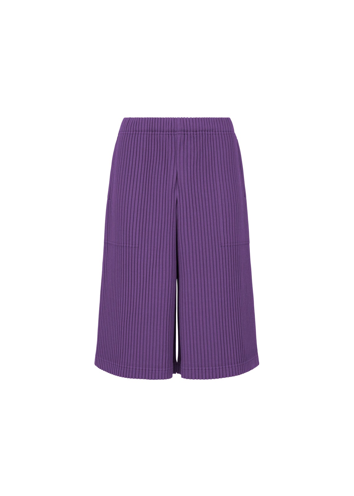 The SWEATS PLEATS shorts by me ISSEY MIYAKE are purple ribbed knit jersey fleece with an elastic waistband, two front patch pockets, and a relaxed knee-length fit, shown against a white background. view 3 of 6