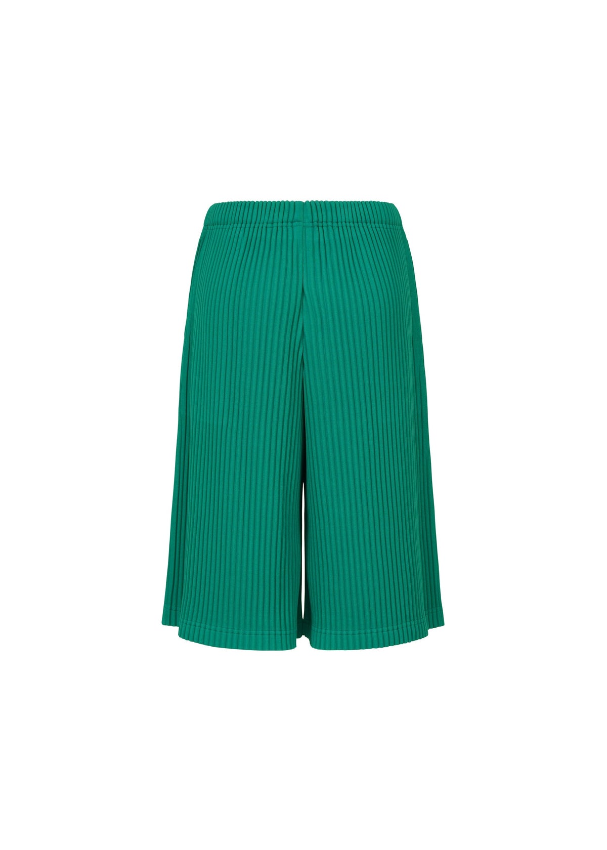 The SWEATS PLEATS by me ISSEY MIYAKE are green pleated shorts crafted from soft jersey fleece with an elastic waistband for comfort, shown on a plain white background. view 4 of 6