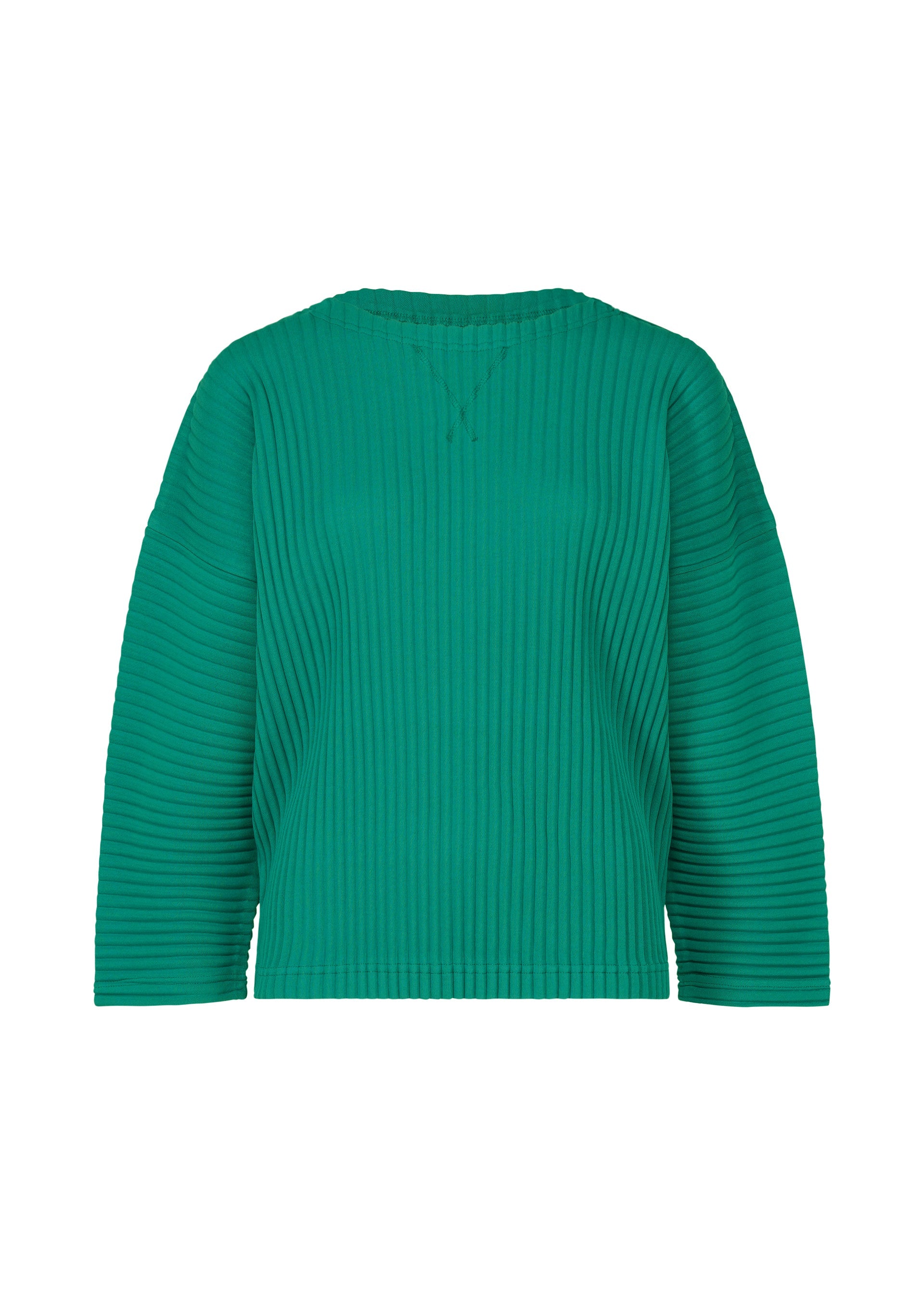 Zoomed view The SWEATS PLEATS ribbed green sweater by me ISSEY MIYAKE features long sleeves and a classic crew neck, shown against a white background. - PEACOCK GREEN （no.64）