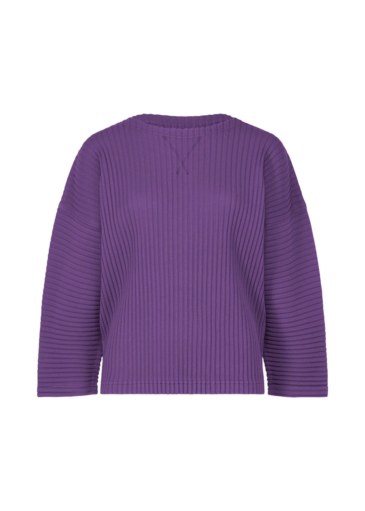 The SWEATS PLEATS by me ISSEY MIYAKE is a long-sleeve, ribbed purple sweatshirt with a crew neckline and relaxed fit, shown on a plain white background. view 3 of 7