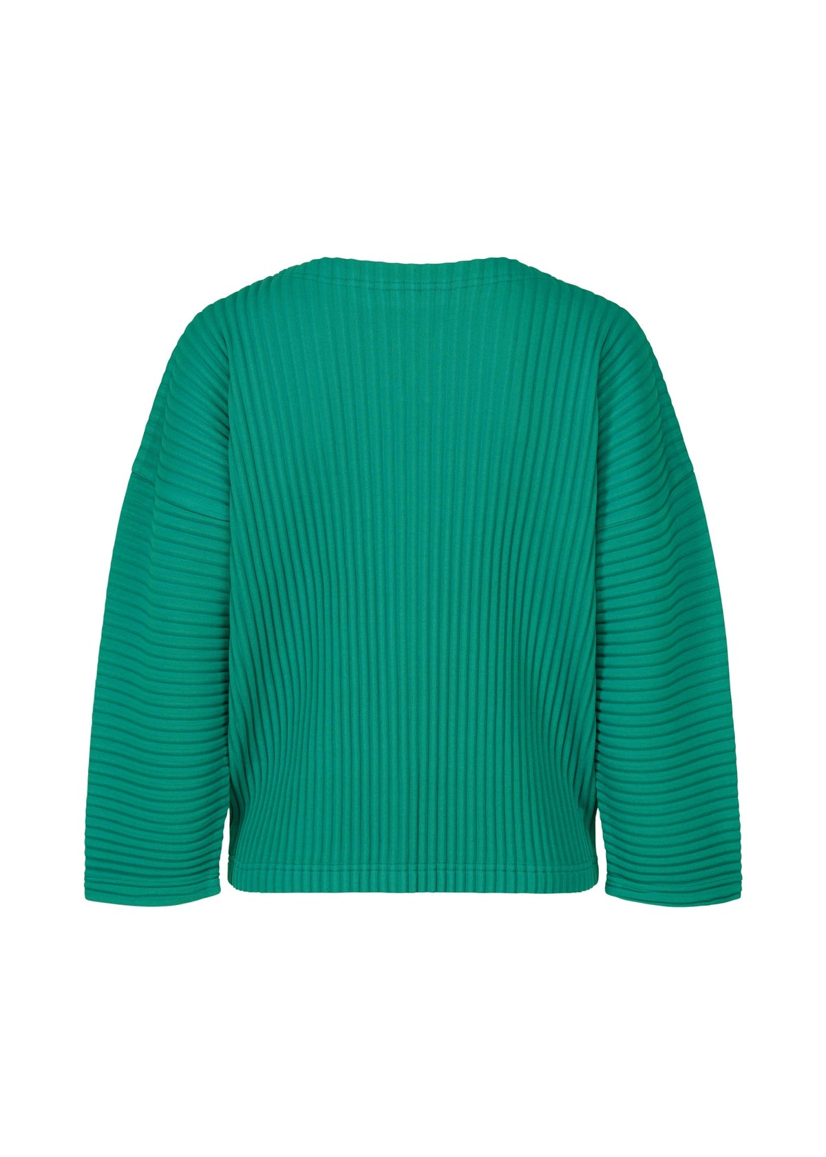 The SWEATS PLEATS top by me ISSEY MIYAKE is shown from the back in green, featuring long sleeves, a ribbed texture, round neckline, and a loose, boxy fit. view 4 of 7