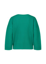 The SWEATS PLEATS top by me ISSEY MIYAKE is shown from the back in green, featuring long sleeves, a ribbed texture, round neckline, and a loose, boxy fit.