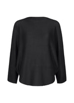 The CURVE KNIT STRETCH PLEATS top by me ISSEY MIYAKE is a black, long-sleeve, loose-fit knit shown from the back, featuring a textured pattern against a white background. - BLACK （no.15）