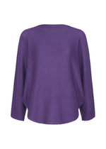 The CURVE KNIT STRETCH PLEATS by me ISSEY MIYAKE is a loose-fitting, long-sleeved purple sweater with a waffle-knit texture, shown against a white background for a cozy, comfortable look. - PURPLE （no.81）