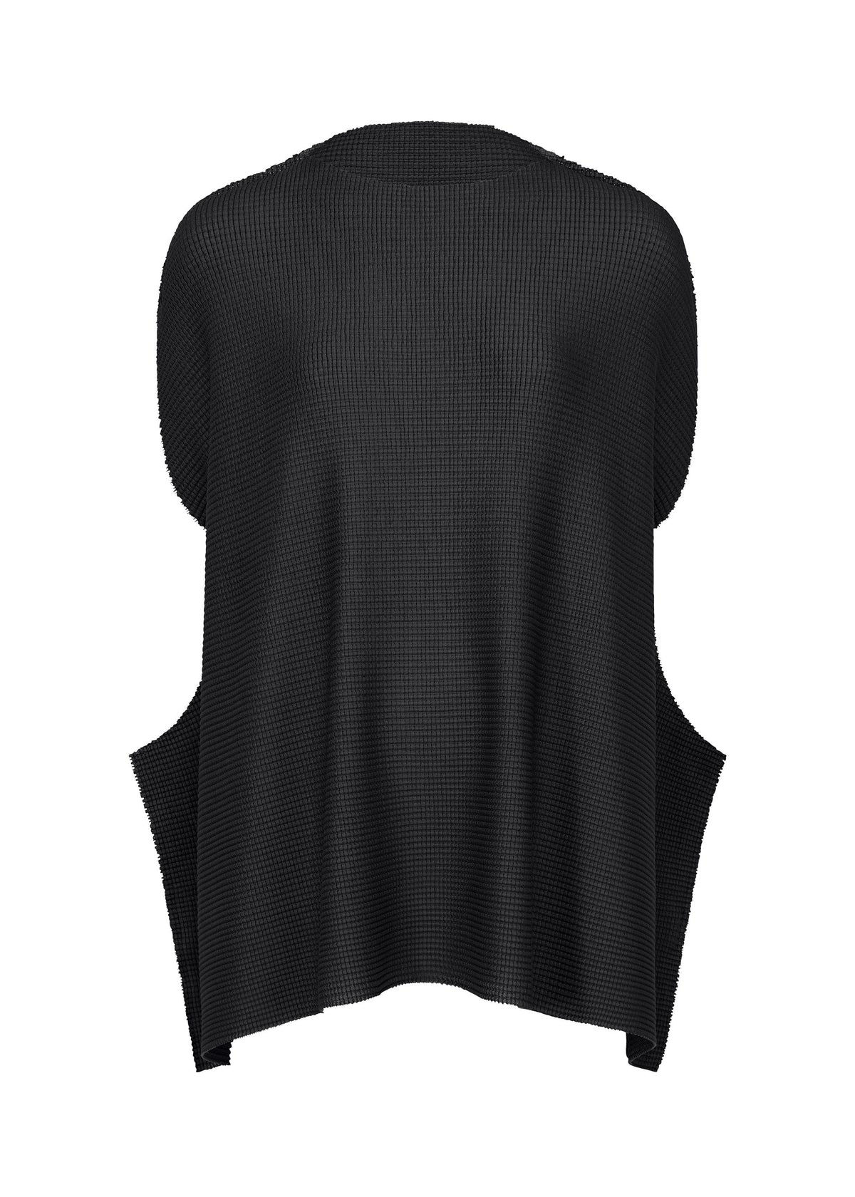 The CURVE KNIT STRETCH PLEATS by me ISSEY MIYAKE is a black textured knit top with wide arm openings and a loose, draped fit, shown from the back. Subtle stretch pleats add style, displayed on a plain white background. view 2 of 8