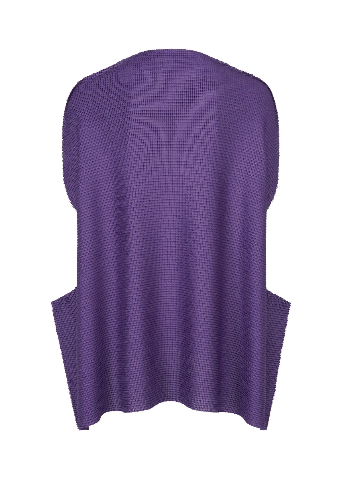A 3D-rendered image of purple fabric evokes the look of soft CURVE KNIT STRETCH PLEATS by me ISSEY MIYAKE, with smooth folds and pointed corners suggesting the comfortable drape of a knit top. view 4 of 8