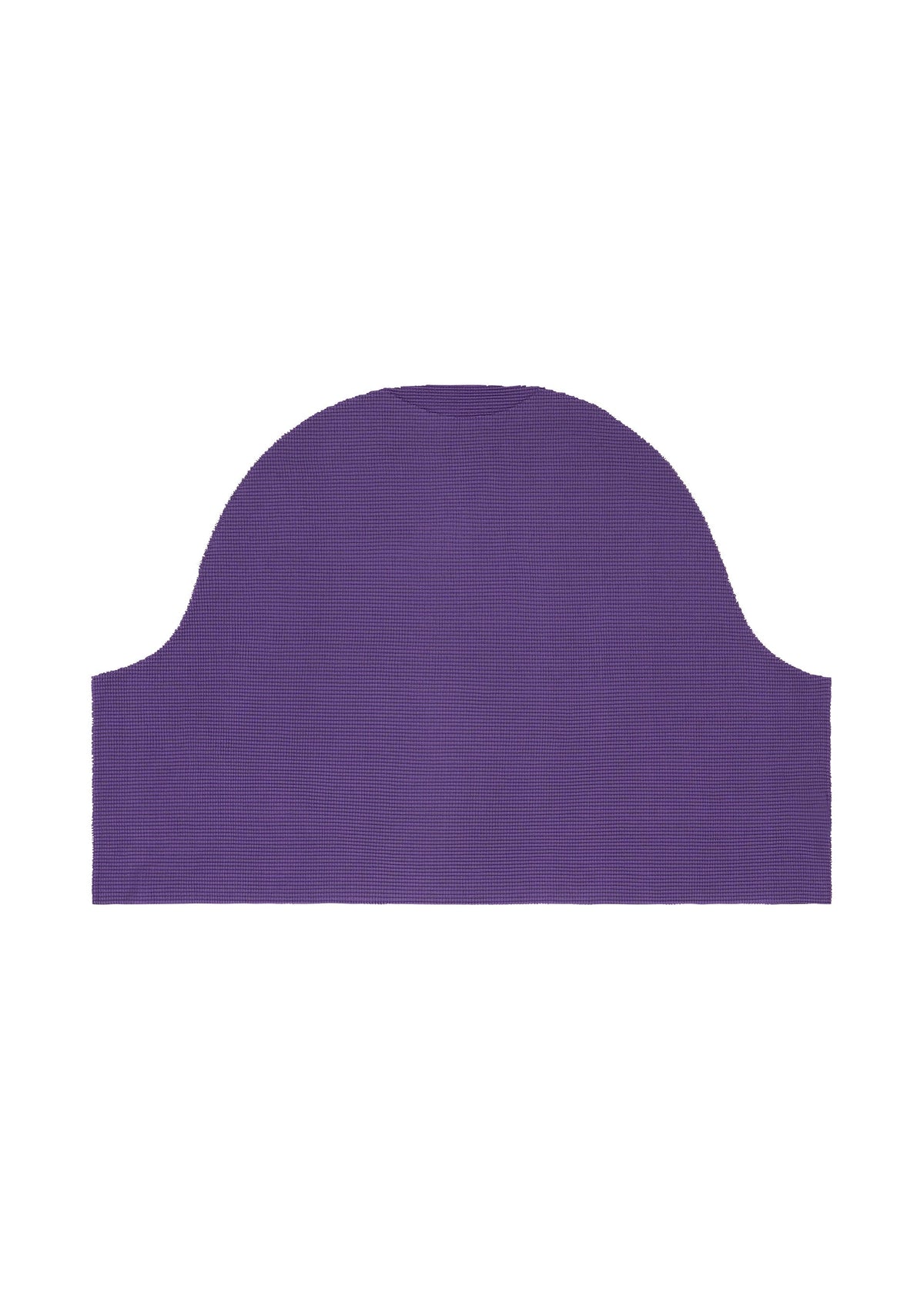 The CURVE KNIT STRETCH PLEATS by me ISSEY MIYAKE is a flat, purple piece with a rounded dome top and straight bottom edges, resembling a cozy knit top, shown on a white background. view 5 of 8