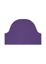 The CURVE KNIT STRETCH PLEATS by me ISSEY MIYAKE is a flat, purple piece with a rounded dome top and straight bottom edges, resembling a cozy knit top, shown on a white background.