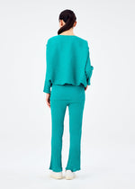 A person with long, dark hair tied back wears a loose top and turquoise me ISSEY MIYAKE BALLOON SEE-THROUGH CREPE pants with flared hems, plus white shoes, shown from behind against a plain white background.