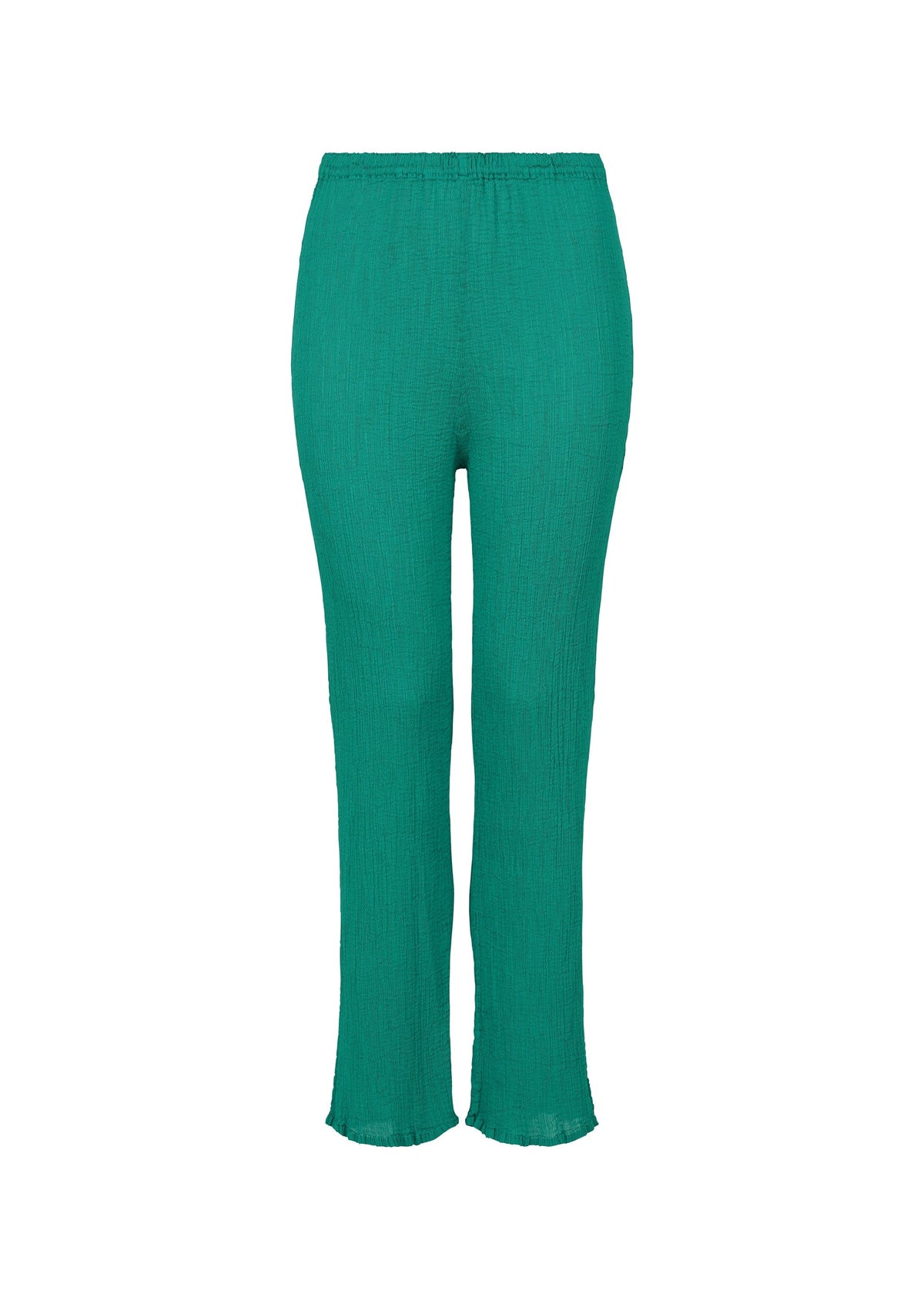 BALLOON SEE-THROUGH CREPE straight-leg pants by me ISSEY MIYAKE, featuring green textured garment-dyed fabric and an elastic waistband, displayed against a plain white background. view 2 of 6