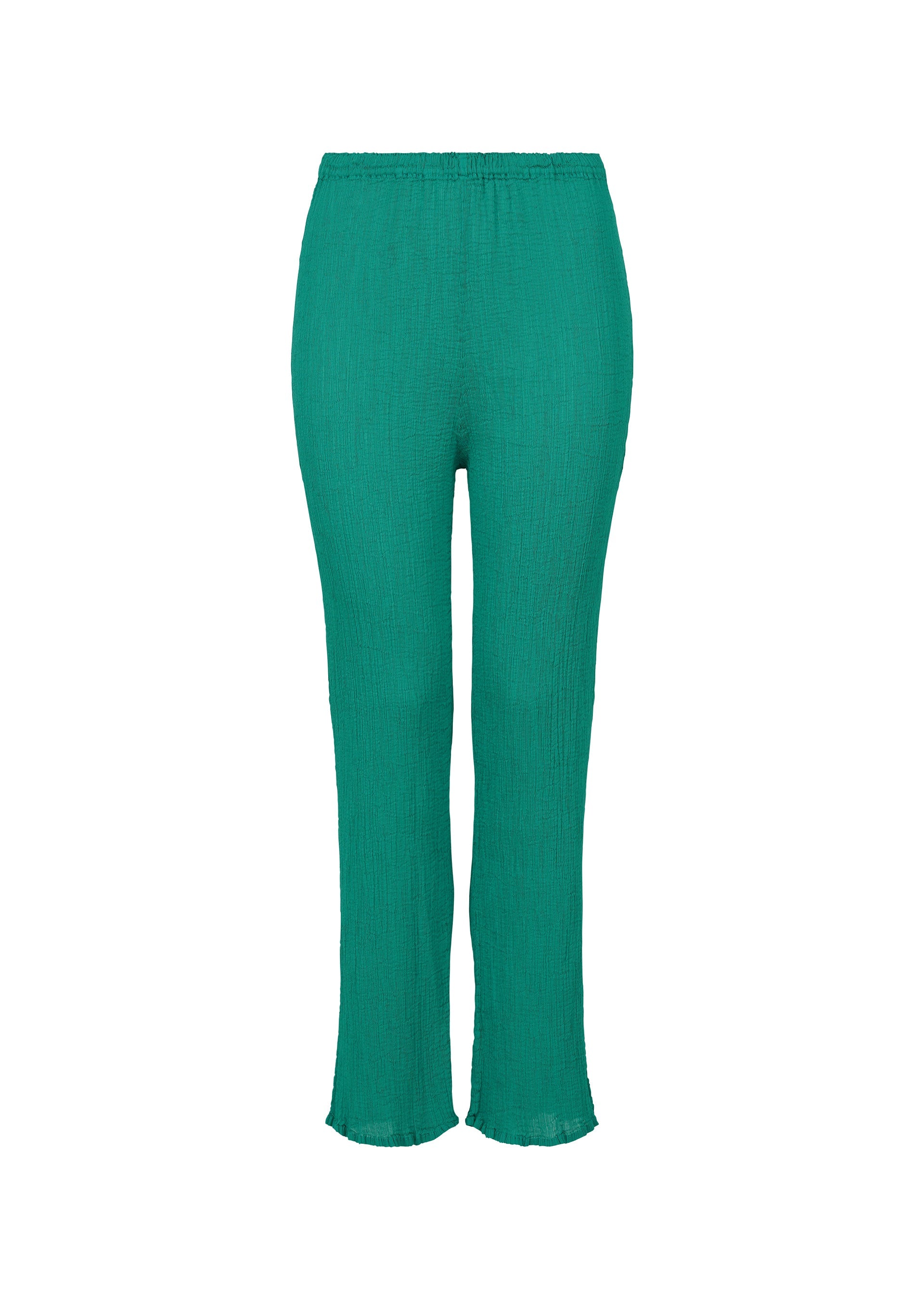 Zoomed view BALLOON SEE-THROUGH CREPE straight-leg pants by me ISSEY MIYAKE, featuring green textured garment-dyed fabric and an elastic waistband, displayed against a plain white background. - PEACOCK GREEN （no.64）