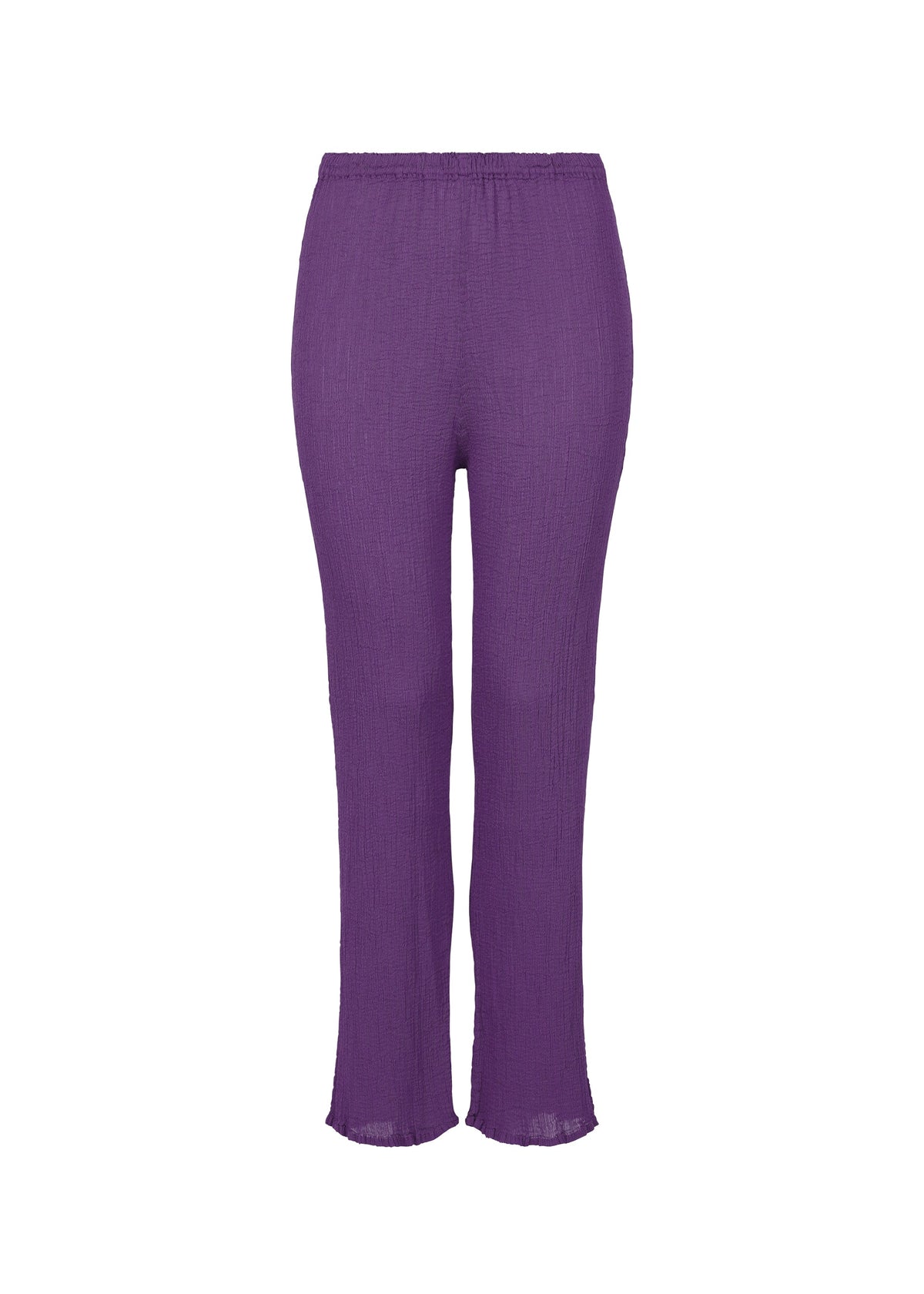 The BALLOON SEE-THROUGH CREPE pants by me ISSEY MIYAKE are high-waisted, straight-leg, and purple, crafted from lightweight, textured garment-dyed fabric and shown against a white background. view 3 of 6
