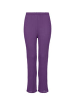 The BALLOON SEE-THROUGH CREPE pants by me ISSEY MIYAKE are high-waisted, straight-leg, and purple, crafted from lightweight, textured garment-dyed fabric and shown against a white background. - PURPLE （no.81）