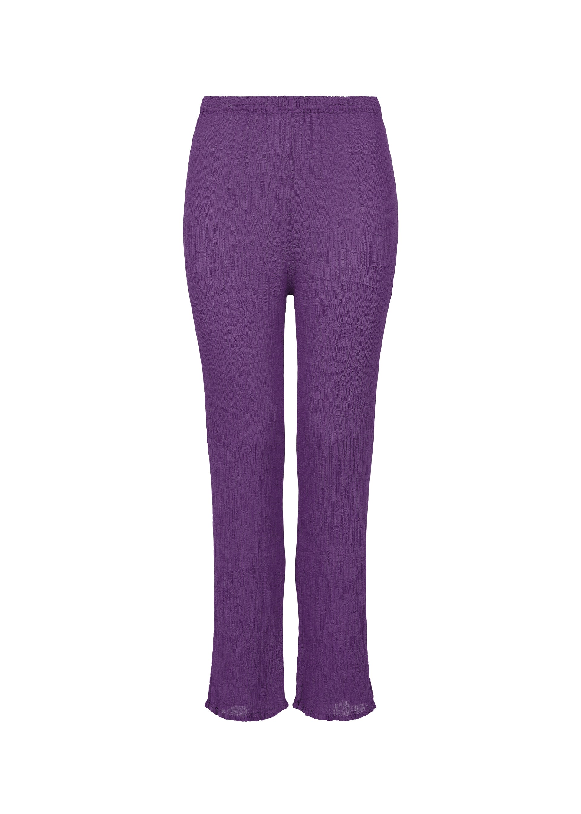 Zoomed view The BALLOON SEE-THROUGH CREPE pants by me ISSEY MIYAKE are high-waisted, straight-leg, and purple, crafted from lightweight, textured garment-dyed fabric and shown against a white background. - PURPLE （no.81）