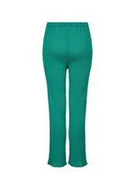 The BALLOON SEE-THROUGH CREPE by me ISSEY MIYAKE are high-waisted, straight-leg green pants made from garment-dyed, textured fabric with an elastic waistband, shown against a white background.