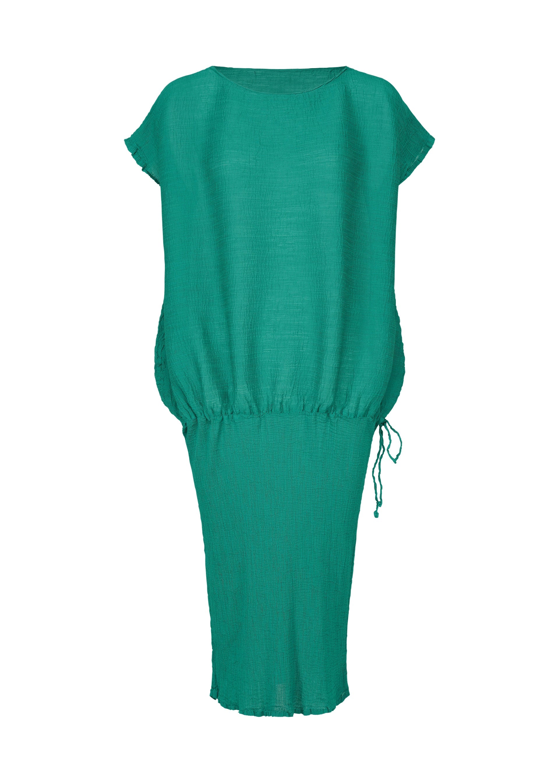 Zoomed view The BALLOON SEE-THROUGH CREPE by me ISSEY MIYAKE is a teal, knee-length, short-sleeved dress with a loose fit, gathered waistband, and adjustable drawstring detail, shown on a white background. - PEACOCK GREEN （no.64）