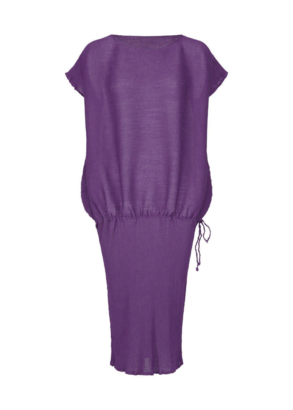 The BALLOON SEE-THROUGH CREPE dress by me ISSEY MIYAKE is a purple, loose-fit midi with short sleeves, drawstring waist, and sheer crepe fabric, garment-dyed and shown against a plain white background. view 3 of 6