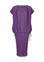 The BALLOON SEE-THROUGH CREPE dress by me ISSEY MIYAKE is a purple, loose-fit midi with short sleeves, drawstring waist, and sheer crepe fabric, garment-dyed and shown against a plain white background. - PURPLE （no.81）