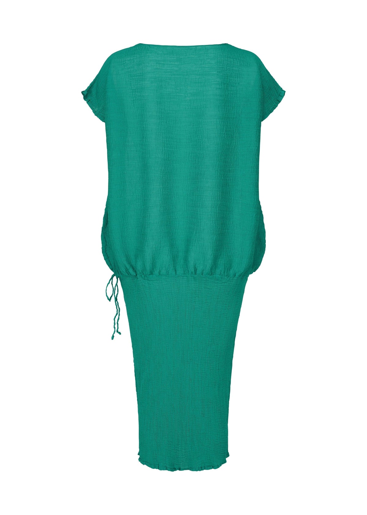 The BALLOON SEE-THROUGH CREPE by me ISSEY MIYAKE is a green, short-sleeved, knee-length dress made from garment-dyed fabric with a cinched waist and drawstring, shown from the back on a white background. view 4 of 6