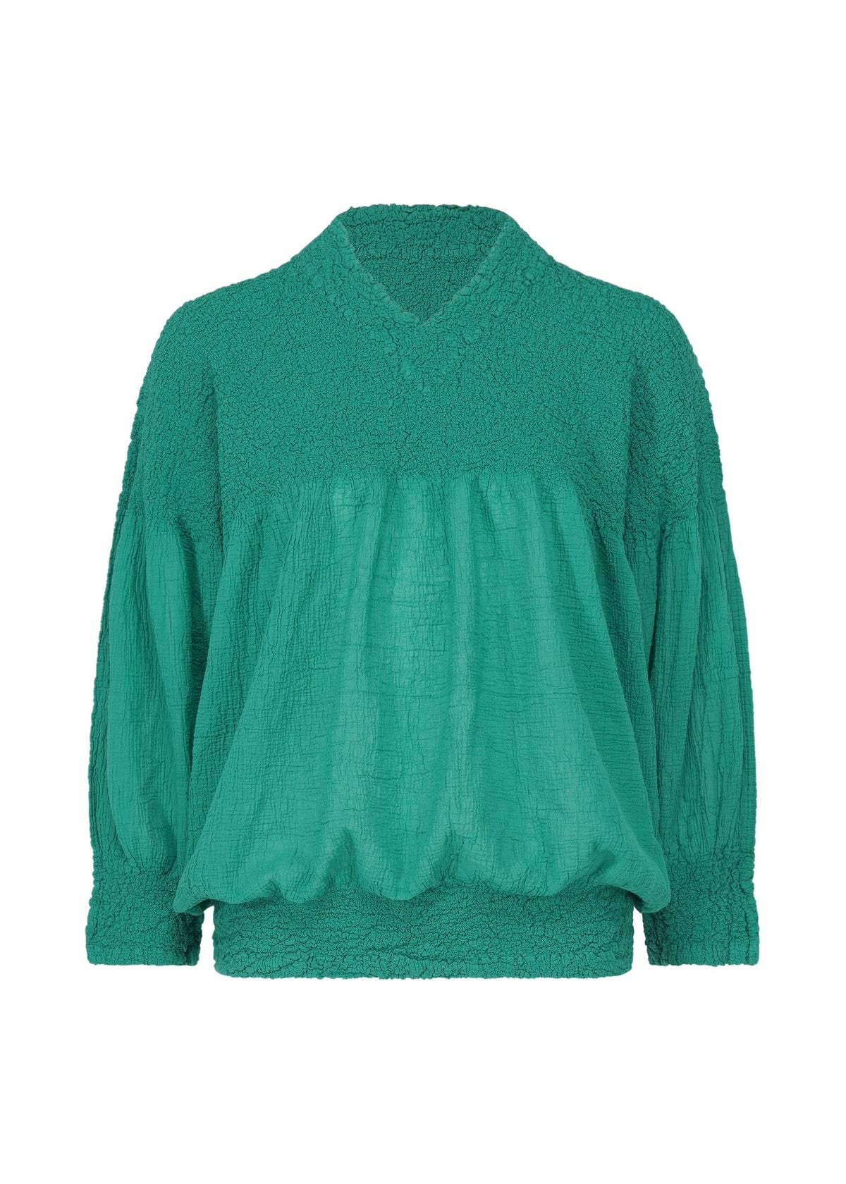 The BALLOON CAULIFLOWER blouse by me ISSEY MIYAKE is a loose-fitting, long-sleeved green top with a knit-like texture, V-neckline, and gathered hem and cuffs, shown against a white background. view 2 of 7