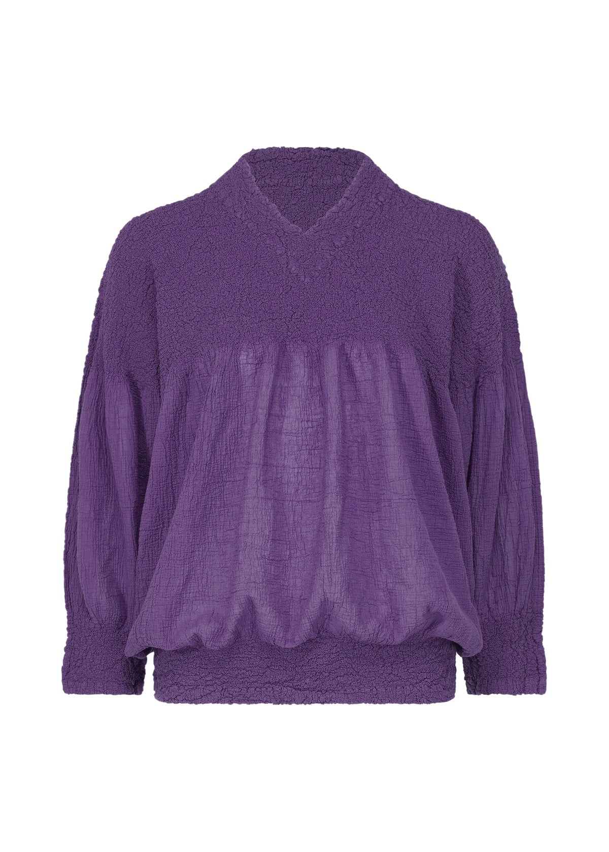 The BALLOON CAULIFLOWER by me ISSEY MIYAKE is a loose-fit, long-sleeved purple blouse with a knit-like texture, V-neckline, and gathered hem and cuffs for a stylish touch. view 3 of 7